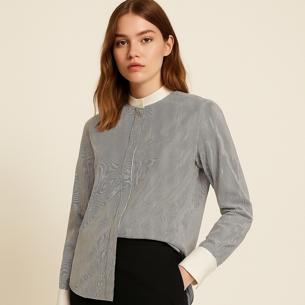 Fendi Striped Cotton Mock Neck Button Blouse - EU 42 / US 6 - EUC